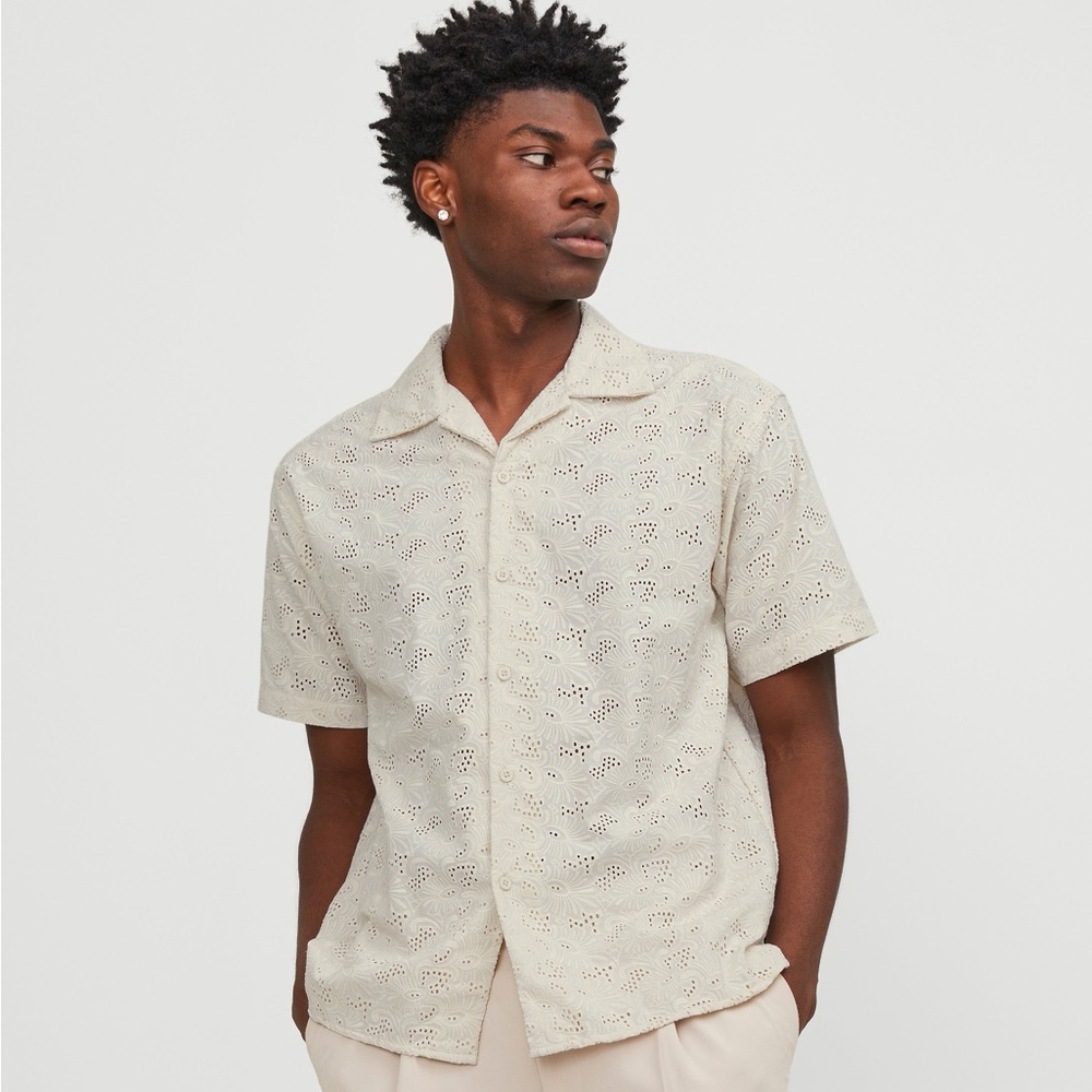 Folk Mens Relaxed Fit Natural Beige Linen Blend Floral Eyelet Short Sleeve Shirt